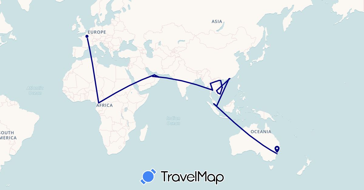 TravelMap itinerary: driving in United Arab Emirates, Australia, Cameroon, China, France, Cambodia, Laos, Malaysia, Oman, Singapore, Thailand, Vietnam (Africa, Asia, Europe, Oceania)